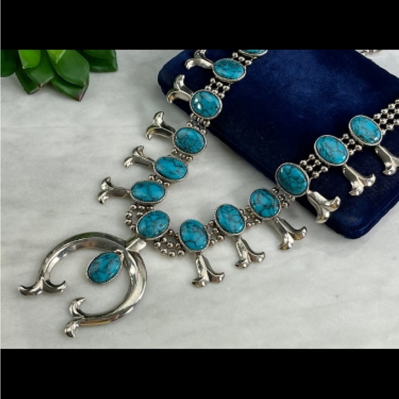Goldette Jewelry - Squash Blossom Goldette. Faux Turquoise. Necklace